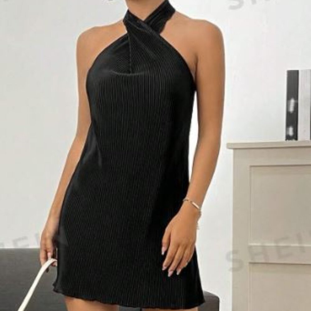 Black Criss Cross Halter Neck Backless Dress
